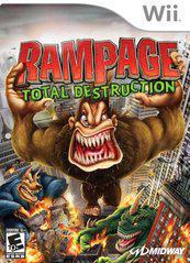 Cover art for the Wii game 'Rampage Total Destruction' featuring a cartoon monster character in a city setting, with other monster characters and city structures in the background.