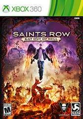 Cover art for the video game 'Saints Row: Gat Out of Hell' featuring a character in mid-air with a background of hellish scenery, flames, and demonic figures.