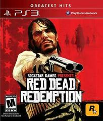 Cover art for the Playstation 3 game Red Dead Redemption, featuring a man in a cowboy hat and coat, with a backdrop of a desert landscape. The game's 'Greatest Hits' label is prominently displayed at the top, and it is rated Mature (E10+).