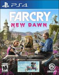 Box art for 'Far Cry New Dawn' game on PS4 with two characters and a cityscape background.