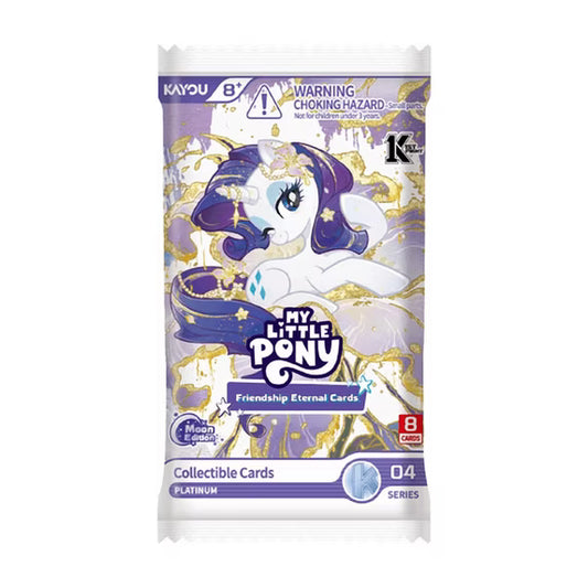 A sealed pack of My Little Pony: Friendship Eternal Cards, Platinum Series 04, featuring a purple and gold illustration of a pony on the front, with Kayou branding at the top.