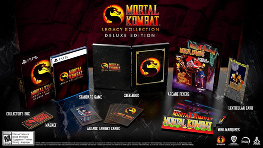 Mortal Kombat Legacy Collection Deluxe Edition packaging with various collectible items on a dark background.