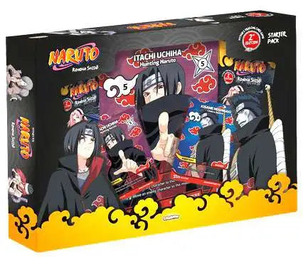 Naruto anime starter pack toy box featuring Itachi Uchiha and other characters, with Naruto branding and cloud motifs on a black background.