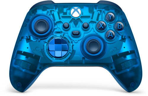 A blue Xbox Series controller with a visible circuit board pattern on the surface.
